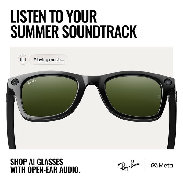 This ad is for Ray-Ban Meta AI glasses, which feature open-ear audio. The ad shows a close up shot of the glasses and en