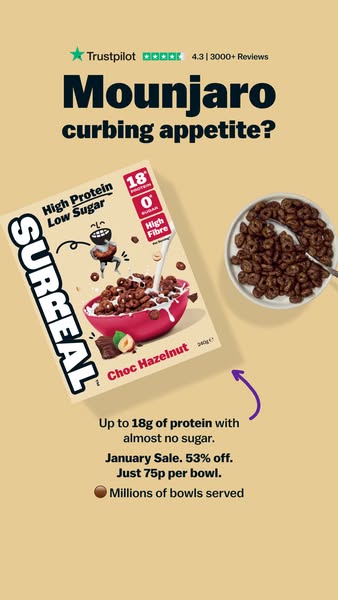 This ad for Surreal cereal uses a question to grab attention, then highlights the product's high protein and low sug