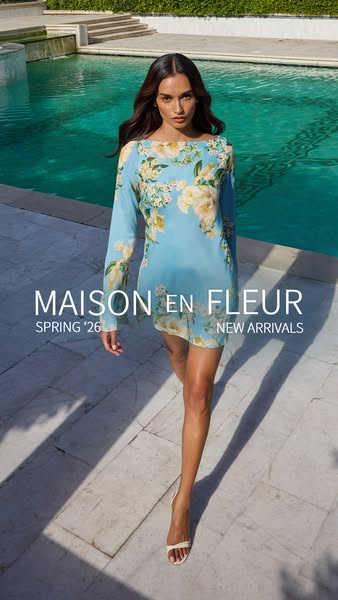 This ad showcases a blue, floral-patterned mini dress from Maison en Fleur's Spring '26 collection. A model is s