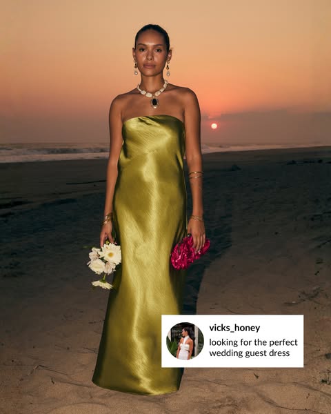 An image ad featuring a woman in a dress on a beach at sunset with a comment pulled from Instagram.