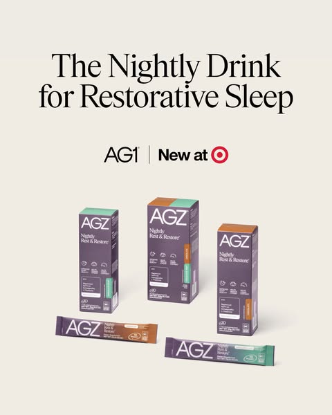 This image ad promotes AGZ, a nighttime drink mix for restorative sleep, now available at Target.