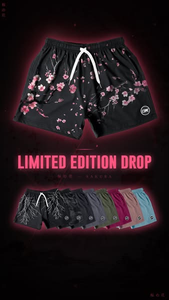 A visually striking ad showcasing a limited-edition drop of athletic shorts featuring a cherry blossom design. The ad hi