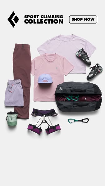 This ad showcases Black Diamond's sport climbing collection. It includes apparel, climbing shoes, a chalk bag, a duf