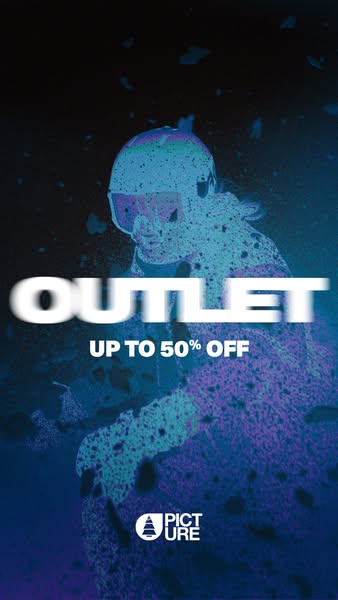 This ad is promoting an outlet sale from Picture. The person is wearing a skiing helmet and goggles and a jacket. The te