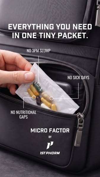 This image ad highlights the convenience and benefits of the 1st Phorm Micro Factor supplement pack. The ad emphasizes t