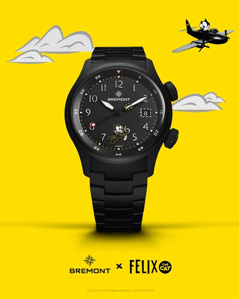 This ad features a Bremont watch designed in collaboration with Felix the Cat. The watch has a sleek, black design with 
