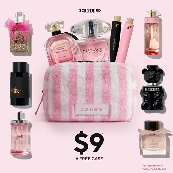 This Scentbird ad features a collection of designer perfumes, highlighting a special offer of a free case with a $9 firs