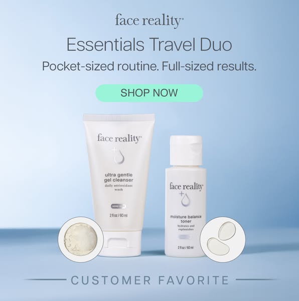 This ad promotes Face Reality's Essentials Travel Duo, highlighting its pocket-sized convenience and full-sized resu