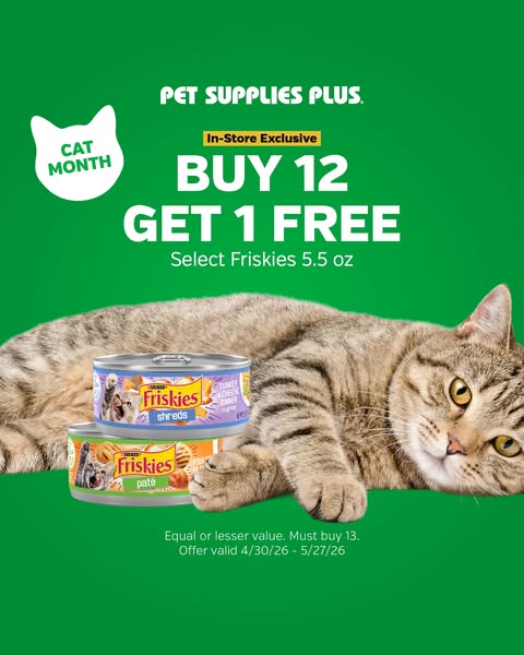 This in-feed image ad from Pet Supplies Plus promotes a limited-time offer on Friskies cat food during Cat Month. The ad