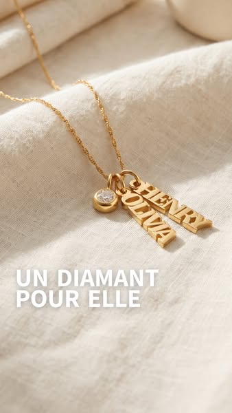 Close up of a gold pendant necklace with a diamond and two name tags spelling "Henry" and "Olivia".