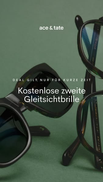 This image ad is for Ace & Tate, advertising a limited-time deal for a free second pair of progressive glasses.