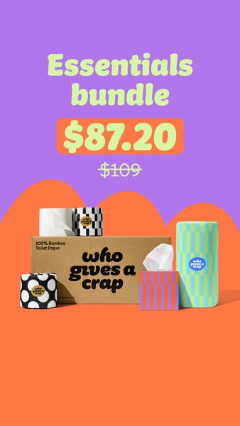 This ad promotes an essentials bundle from Who Gives a Crap, highlighting a discounted price.