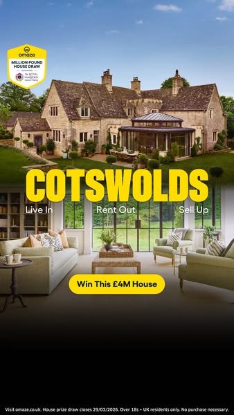 This ad for Omaze promotes a chance to win a £4M house in the Cotswolds. The image is split between an exterior shot of 
