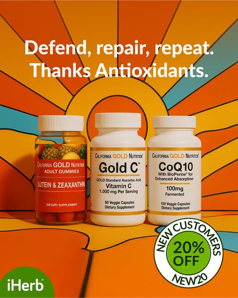 This image ad focuses on three California Gold Nutrition dietary supplements and offers new customers 20% off when they 