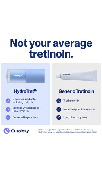 This is an ad comparing the features and benefits of Curology's tretinoin product to generic alternatives.
