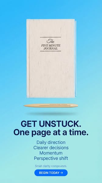 This static image ad for The Five Minute Journal promotes the product as a tool to overcome feeling stuck. The ad featur
