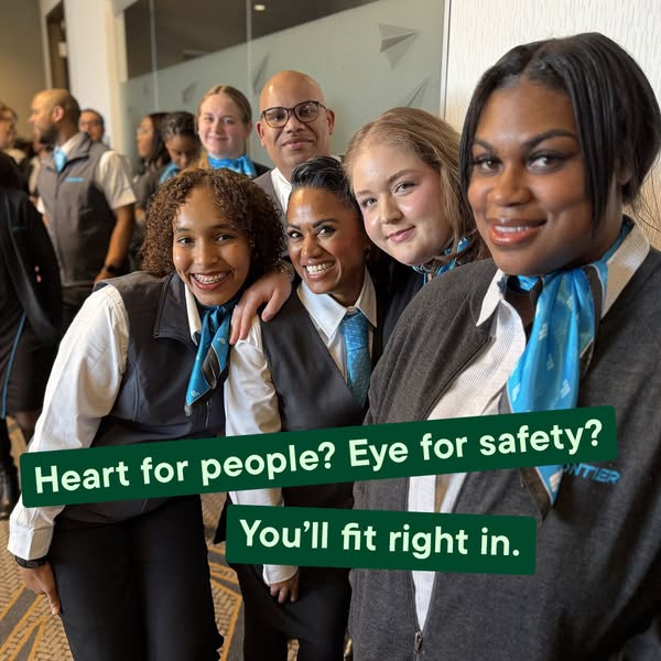 This image ad for Frontier Airlines features a group of smiling employees in uniform, creating a welcoming and team-orie