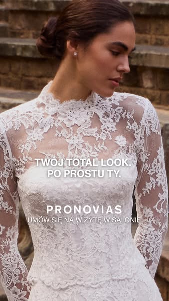 This ad for Pronovias features a model in a white lacy wedding dress and calls the dress a complete look.