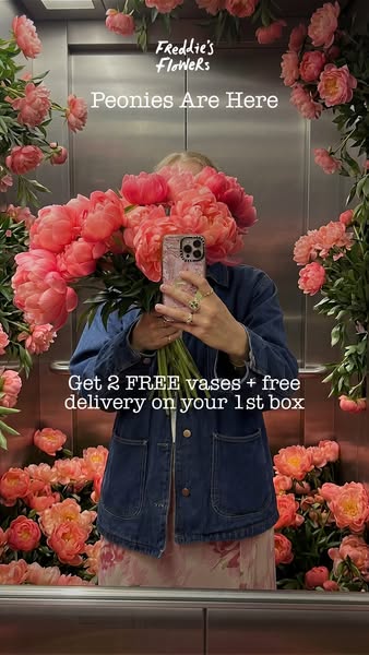 This ad promotes Freddie's Flowers peony delivery service. It features a person taking a selfie in a mirror with a l