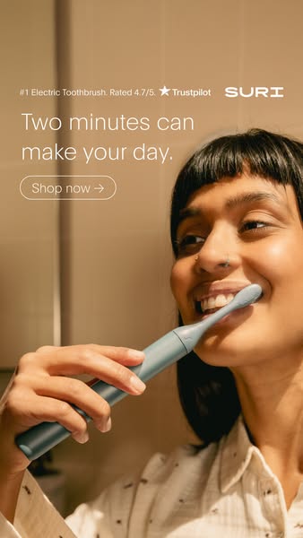 This ad for SURI electric toothbrushes features a woman using the product and highlights the brand's high rating and
