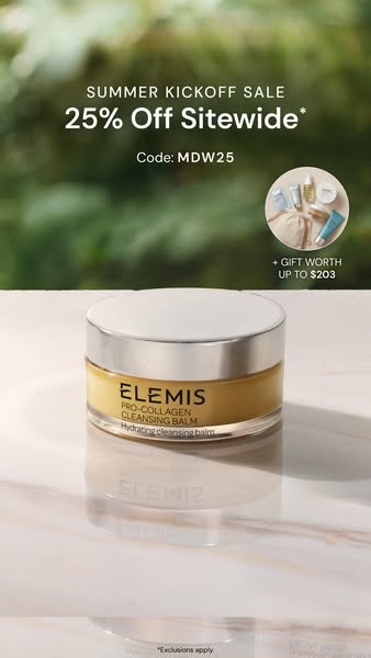 This image ad for Elemis promotes a summer kickoff sale with 25% off sitewide, along with a gift worth up to $203. The f