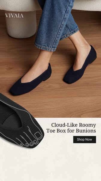 This ad features a person wearing a pair of Vivaia shoes with the claim of having a "Cloud-Like Roomy Toe Box for B