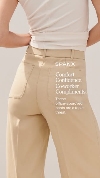 This Spanx ad showcases their office-approved pants, highlighting comfort, confidence, and coworker compliments.