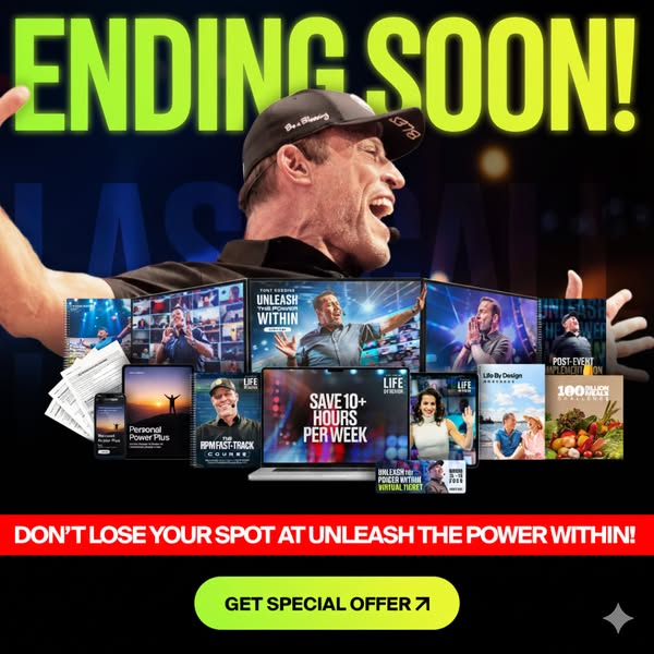 This ad features Tony Robbins and his 'Unleash the Power Within' program. The ad creates urgency with a prominen