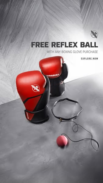 The ad showcases boxing gloves, highlighting an offer of a free reflex ball with any boxing glove purchase. The visuals,