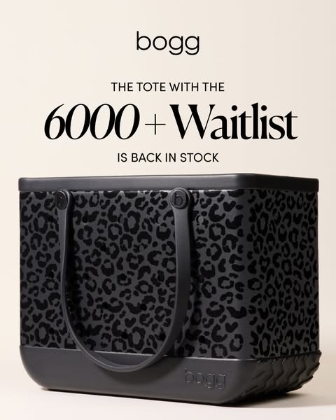 This image ad announces that the tote with the 6000+ person waitlist is back in stock.