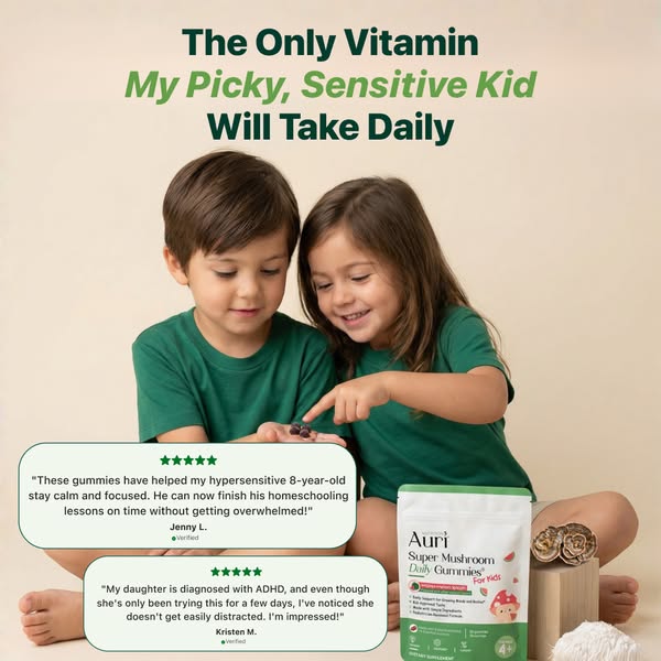 This image ad promotes Auri Super Mushroom Daily Gummies for Kids, highlighting that they are a vitamin even picky eater