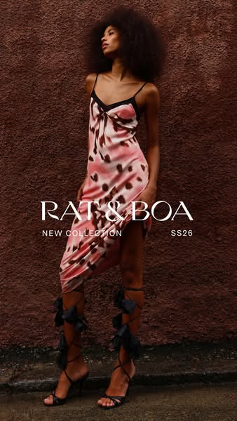 This image ad showcases a model wearing a pink animal print slip dress and strappy heels. The ad promotes the new collec