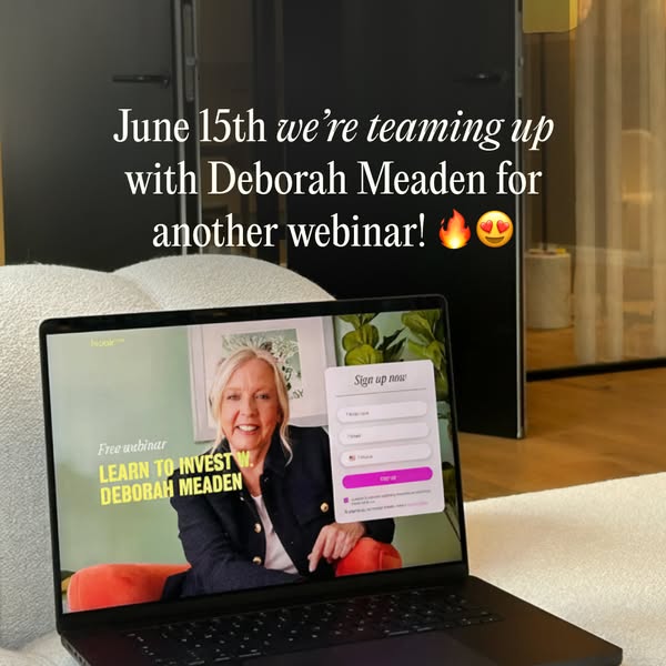 This ad promotes a free webinar with Deborah Meaden. The ad uses a laptop screen displaying the webinar sign-up page as 