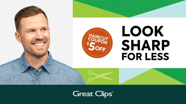 This Great Clips ad features a smiling man with a fresh haircut. The ad highlights a haircut coupon for $5 off and promo