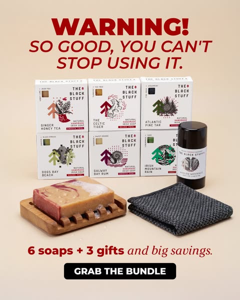 This image ad showcases a variety of The Black Stuff soaps and offers a bundle deal. The ad uses a bold headline to grab