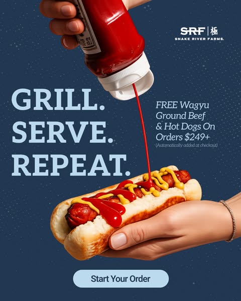 This ad for Snake River Farms features a close-up of a hot dog being topped with ketchup, combined with text to showcase