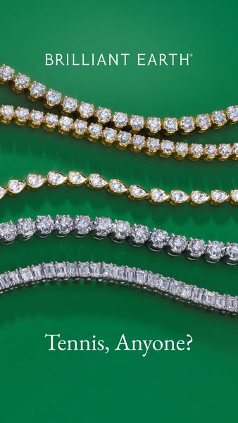 This ad for Brilliant Earth features a variety of diamond tennis necklaces against a green background. The ad asks &quot