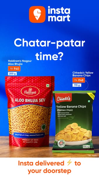 An image ad for Instamart featuring Haldiram's Nagpur Aloo Bhujia and Chheda's Yellow Banana Chips. It highlight