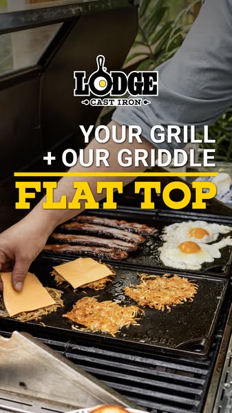 This image ad highlights a Lodge Cast Iron griddle being used on a grill to cook different foods.