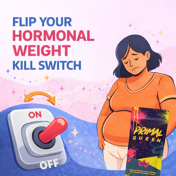 This image ad utilizes a cartoon style to communicate a solution for hormonal weight gain. A sad cartoon woman is shown 