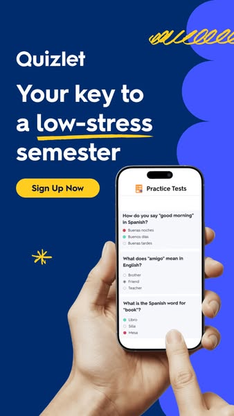 This image ad for Quizlet features a hand holding a phone with a Quizlet practice test displayed. The ad highlights Quiz