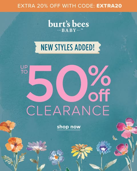 This image ad promotes a sale for Burt's Bees Baby products. It features a teal background with watercolor-style flo