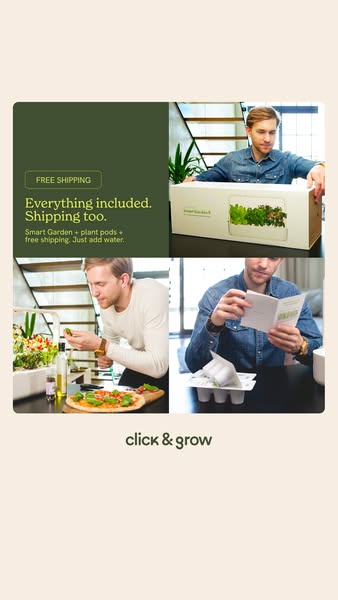 This ad for click & grow features a male presenting person prepping his new indoor garden kit and using the herbs fr