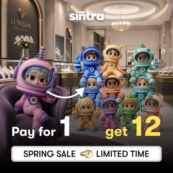 This static image ad is for Sintra jewelry. It features 12 Sintra astronaut dolls, advertising a spring sale where custo