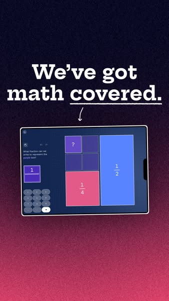 This ad promotes a math app. It features an image of a tablet running the app, with fractions shown as block visuals. Th