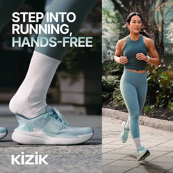 The ad features Kizik shoes with hands-free entry. The ad showcases an active woman running, highlighting the shoe's