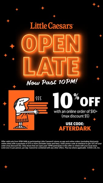 The ad features a promotional offer from Little Caesars for 10% off online orders of $10 or more between the hours of 9P