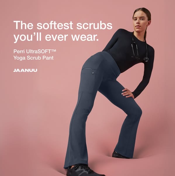 A fashionable image ad for Jaanuu scrub pants featuring a model in a yoga-inspired pose. The ad highlights the softness 