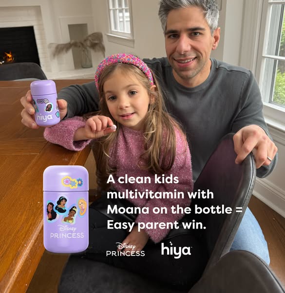 An image ad featuring a father and daughter promoting Hiya kids multivitamins. The ad highlights the product's appea