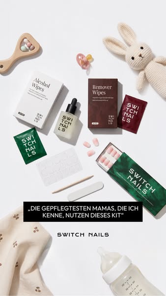 This image ad features a flatlay of the Switch Nails kit designed for busy moms. The layout includes the product, applic
